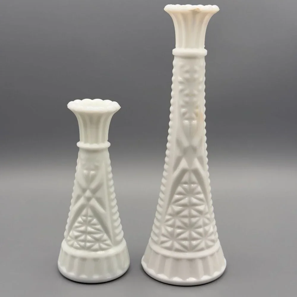 Vintage Milk Glass Bud Vases Set Of 2 Diamond Pattern Scalloped Rim